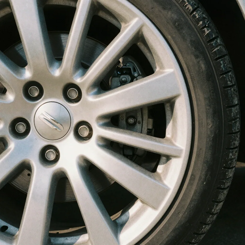 Macro of a car's alloy wheel and tire, clean spokes catching hard sunlight, brake caliper visible behind, sharp reflecti