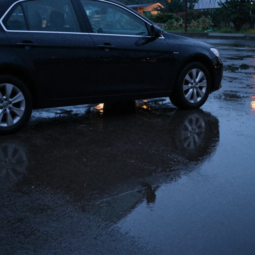 A car parked on wet pavement after rain, its silhouette mirrored in the reflective ground, moody blue evening light and 