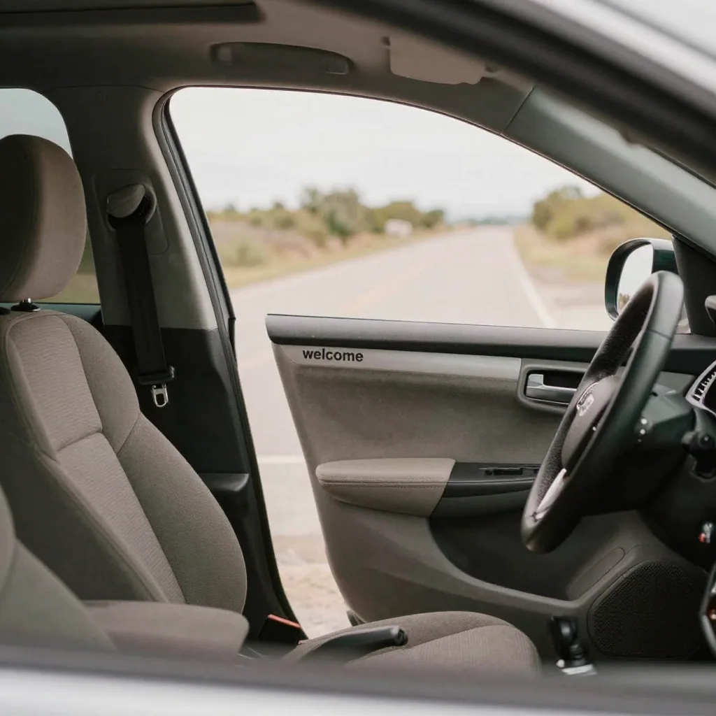 An open driver's door 'welcome' shot revealing the seat and cabin, warm interior tones, a scenic empty pull-off blurred 