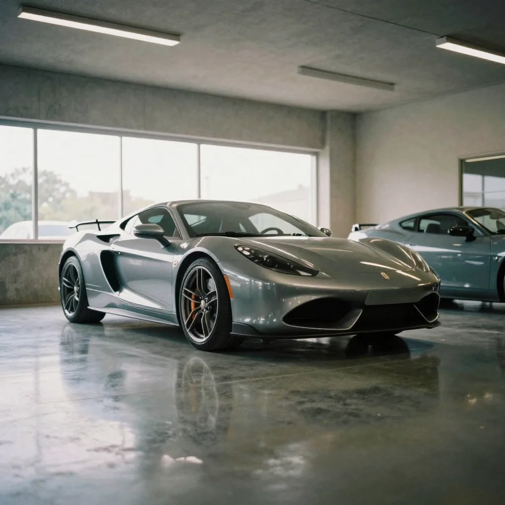 A sleek sports car photographed from a low front three-quarter angle in an empty concrete showroom, glossy floor reflect
