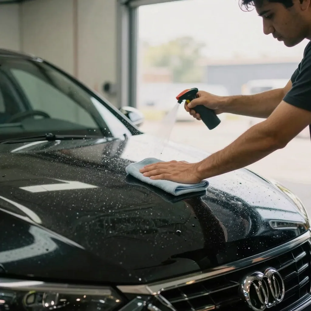A car detailer wiping the hood of a black sedan with a microfiber cloth in a spotless garage bay, spray droplets catchin