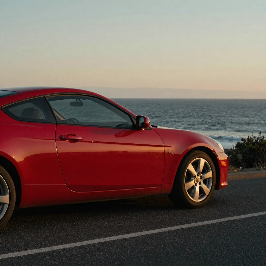 A red coupe parked on a coastal road at golden hour, profile shot, warm sun glinting off the door line, ocean and sky be