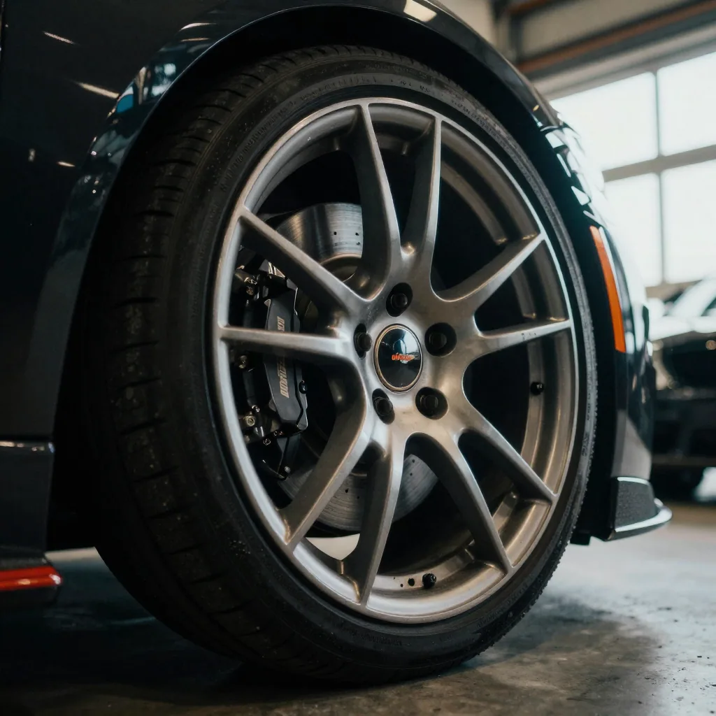 Close-up of a polished alloy wheel and brake caliper on a parked sports car, low angle, dramatic reflections, moody gara
