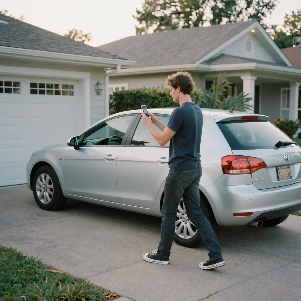 A private seller walking around a silver hatchback in a suburban driveway holding a phone to photograph the rear three-q