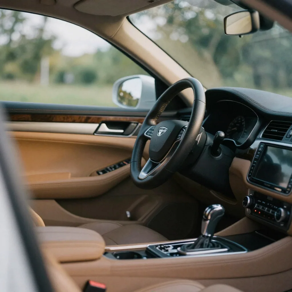 The tan leather interior of a luxury car shot through the open driver door, stitching and dashboard trim in warm detail,