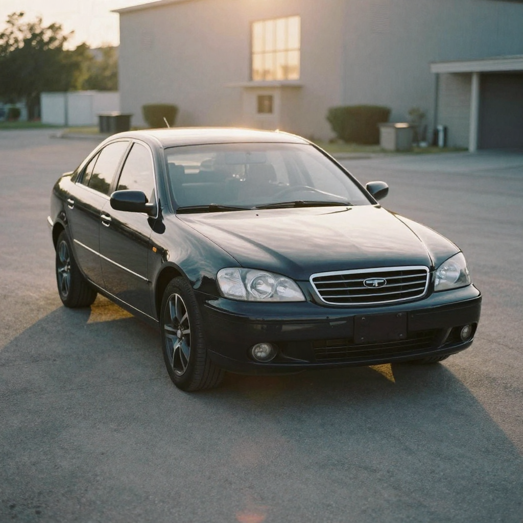 A glossy sedan parked on a clean empty lot at golden hour, photographed from a low front three-quarter angle, warm sun g