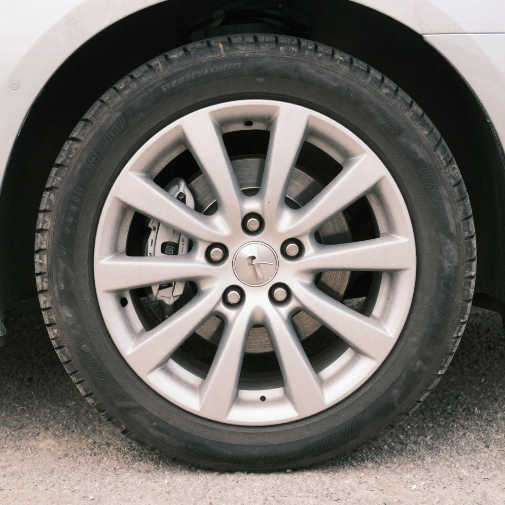 Close-up of an alloy wheel and low-profile tire on a parked car, brake caliper visible behind the spokes, soft even shad