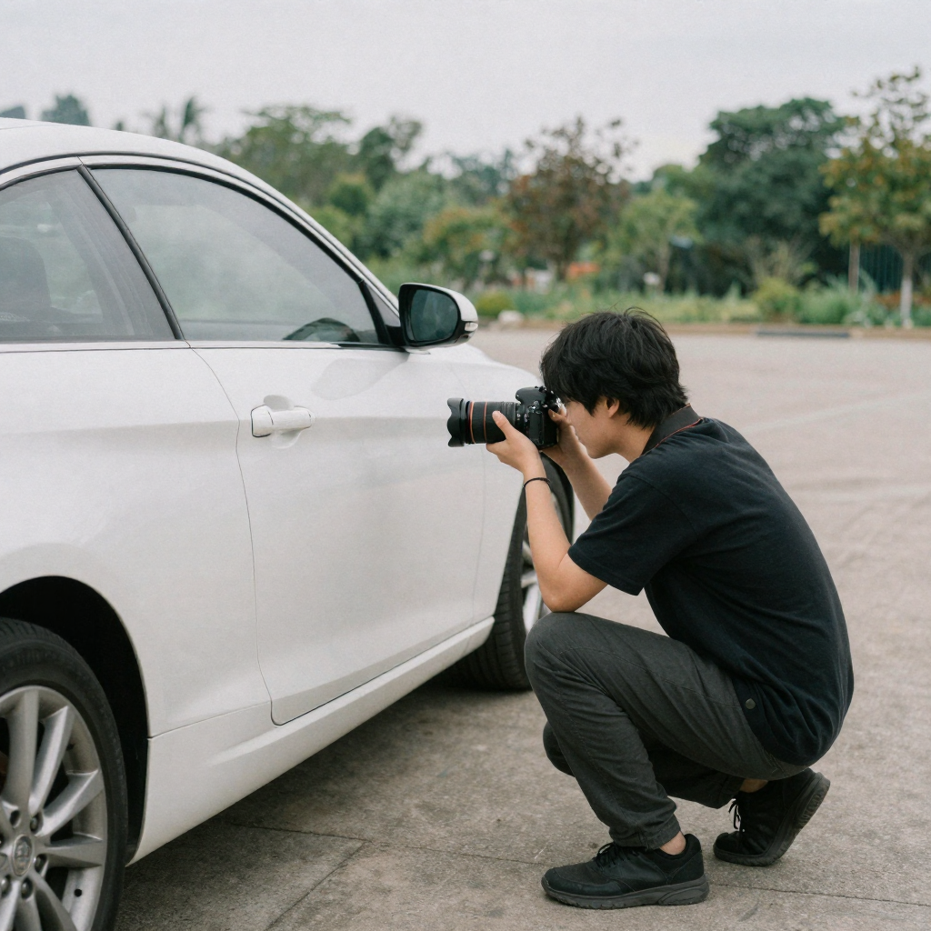 A person crouching beside a parked coupe holding a camera at door-handle height, framing the side profile, empty scenic