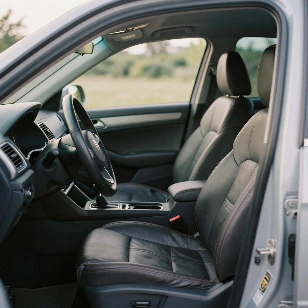 Interior shot from the open driver's door of a car showing stitched leather seats and a clean steering wheel, soft dayli