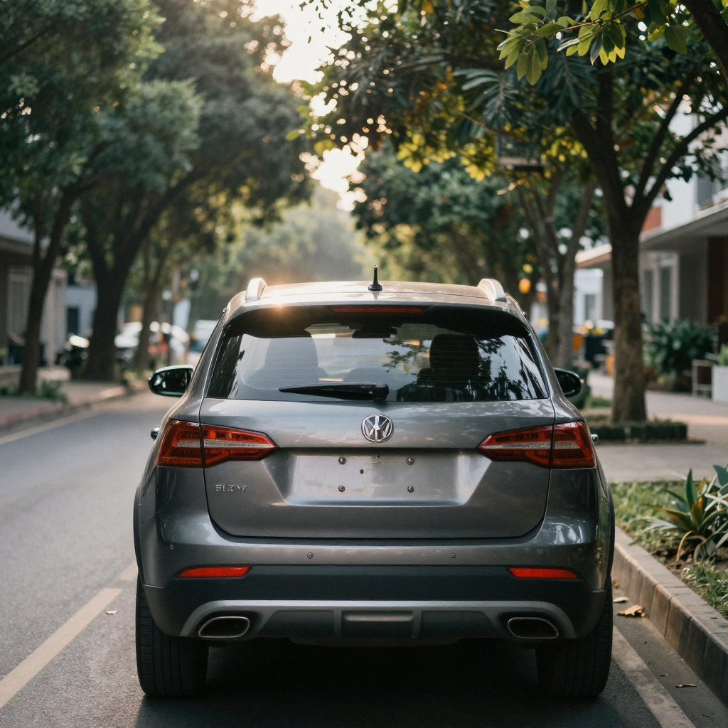 An SUV photographed straight from the rear three-quarter on a quiet tree-lined street, tailgate closed, late-afternoon s