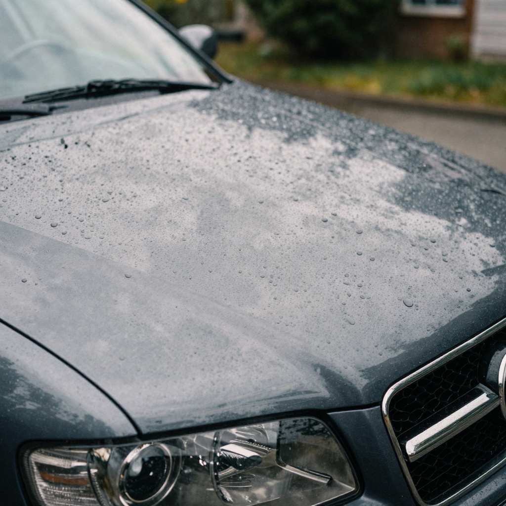 Close-up of raindrops beading on a freshly waxed car hood under soft cloudy light, paint gleaming deep and glossy, shall