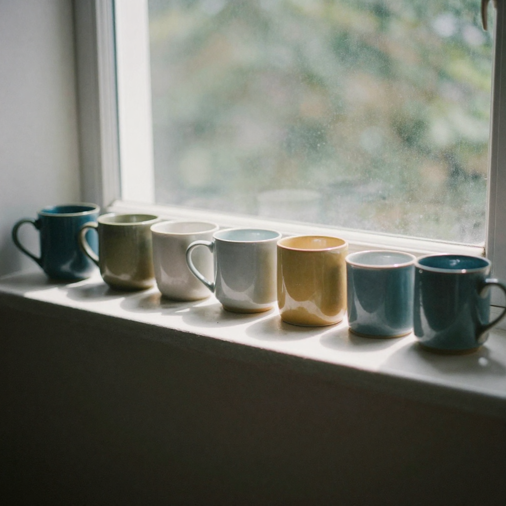 A row of nine different colored ceramic mugs lined up on a bright windowsill, each a distinct shape and hue, morning lig