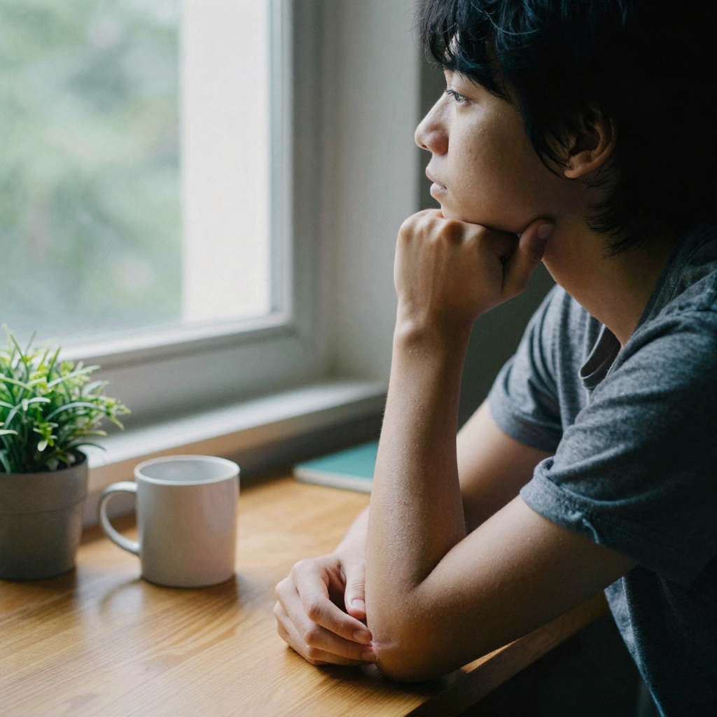 A person at a wooden desk cupping their chin in thought, gazing off toward a sunlit window, a mug and a small plant besi