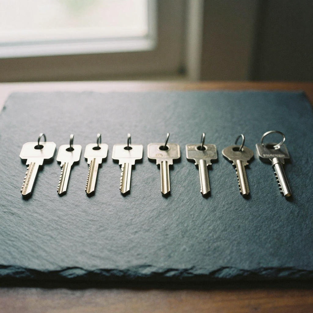 An overhead flat-lay of ten differently shaped keys arranged in a neat row on a slate surface, each catching a glint of
