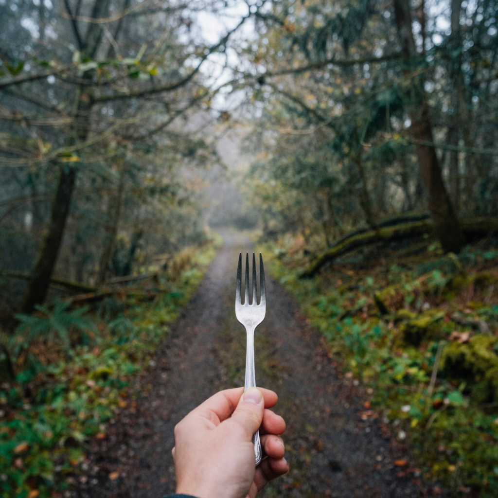 A hand hovering over a fork in a woodland trail at dawn, two mossy paths diverging into misty trees, dappled light filte