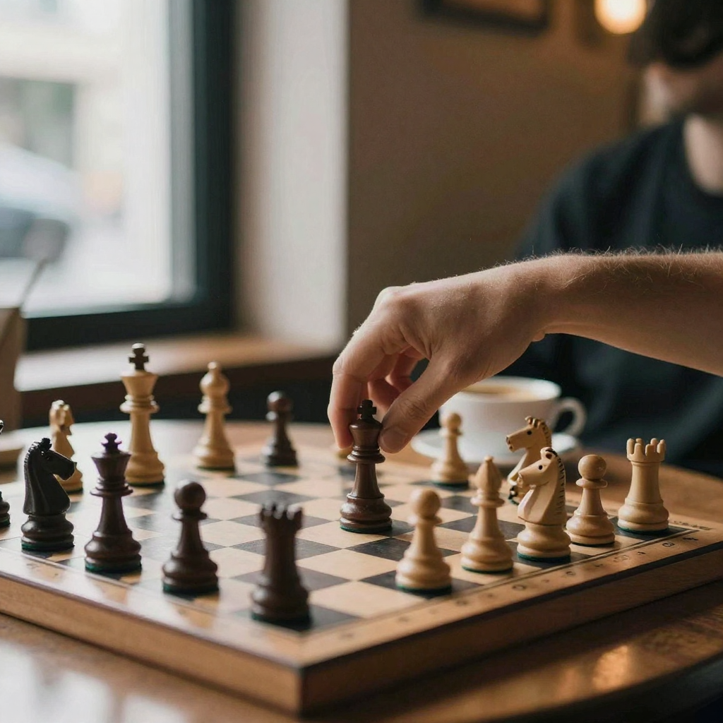 A chess board mid-game on a cafe table with a hand poised over a knight, warm side light, a coffee cup blurred in the ba