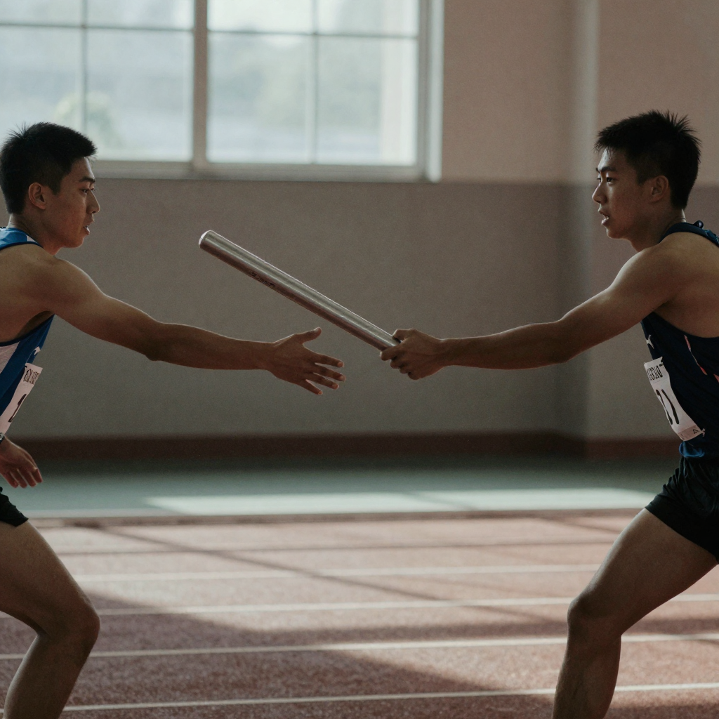 A relay runner extending a baton toward a teammate's open hand on a sunlit track, both figures sharp, the exchange caugh