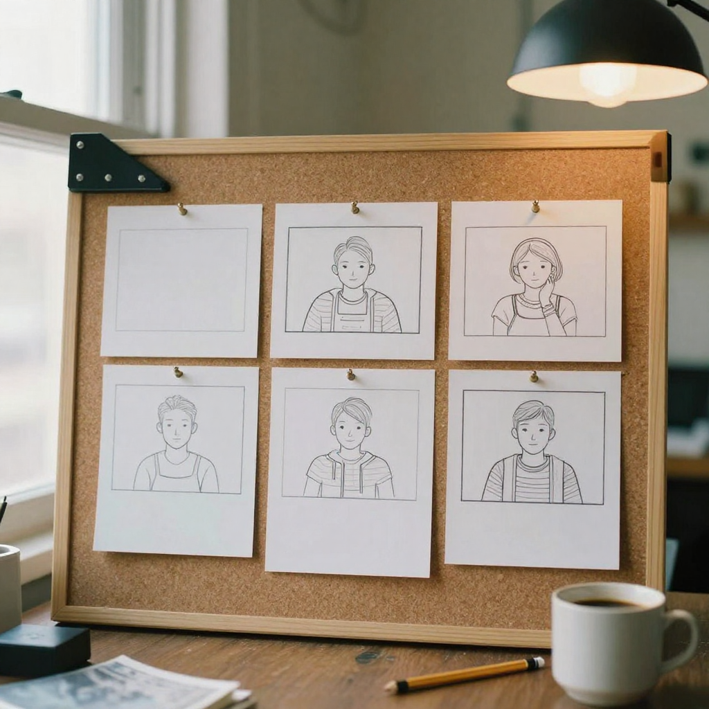 A film director's storyboard corkboard pinned with blank illustrated shot-frame cards arranged in a grid, warm workshop