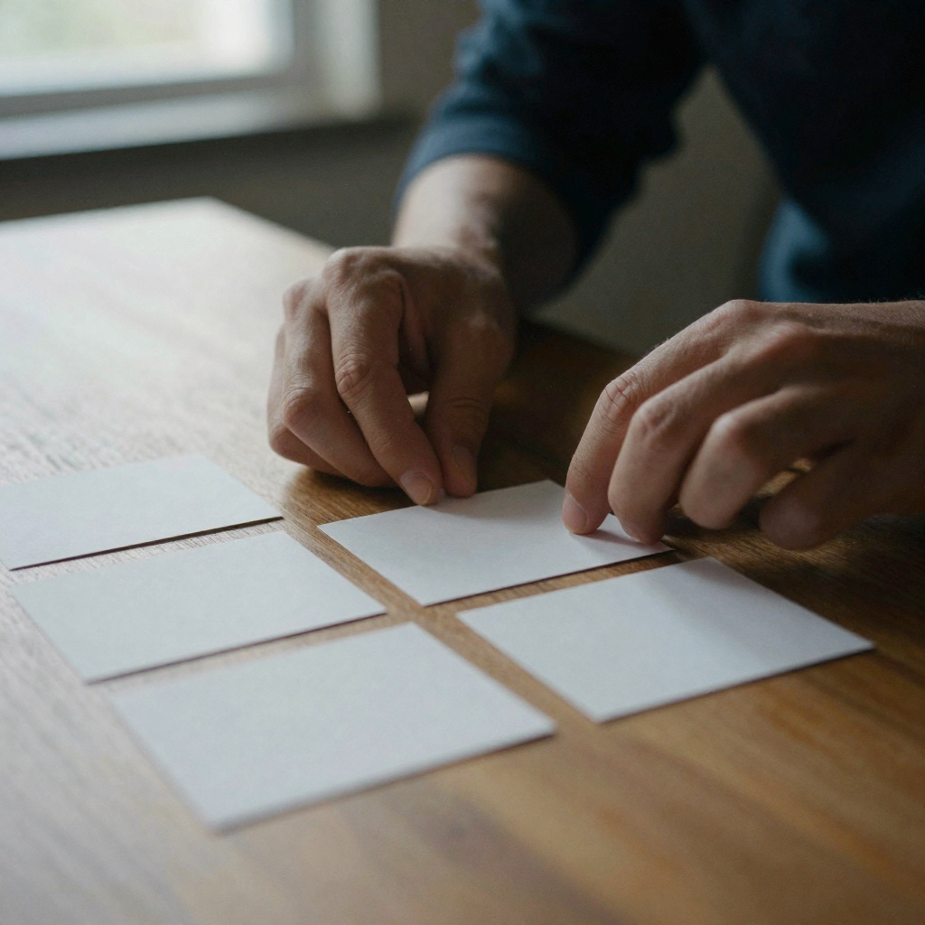 Close-up of hands arranging small blank rectangular sketch cards into a sequence on a wooden table, soft directional lig