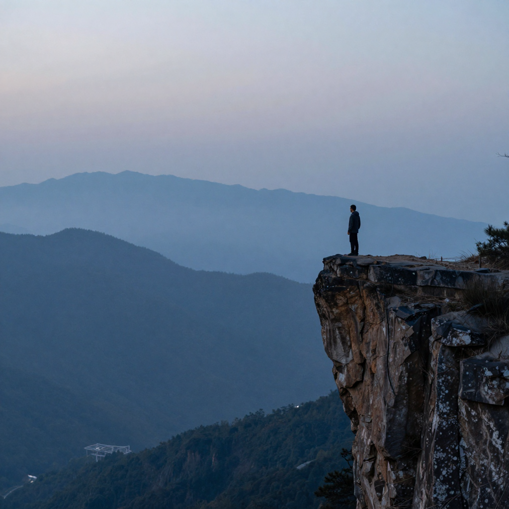 A moody cinematic establishing shot of a lone figure on a cliff edge at dawn, layered mountains fading into mist, cool b