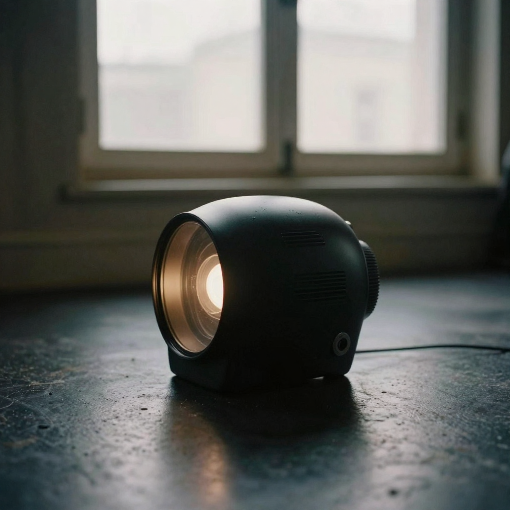 A dramatic hero product frame of a matte black object on a dark reflective floor with a single warm rim light, cinematic