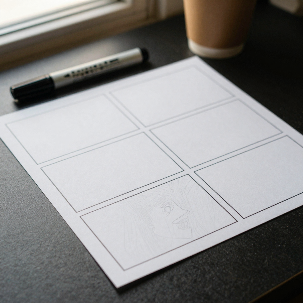 An overhead flat lay of blank illustrated storyboard frame cards, a director's marker, and a coffee cup on a dark desk,