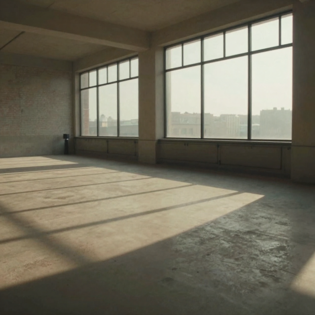 A cinematic sequence mood shot of golden light sweeping across an empty modern loft interior, long dramatic shadows, wid