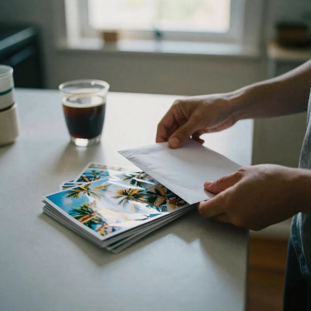 A person at a sunlit kitchen table sealing a stack of glossy printed vacation photos into a padded envelope, hands smoot