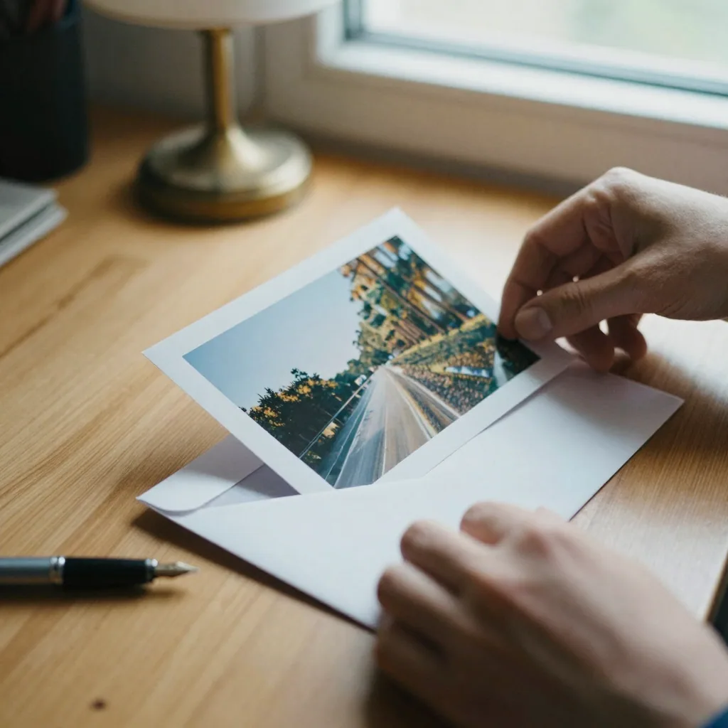 Close-up of hands sliding a single glossy 6x4 print into a small white envelope on a wooden desk, warm lamp light, a fou
