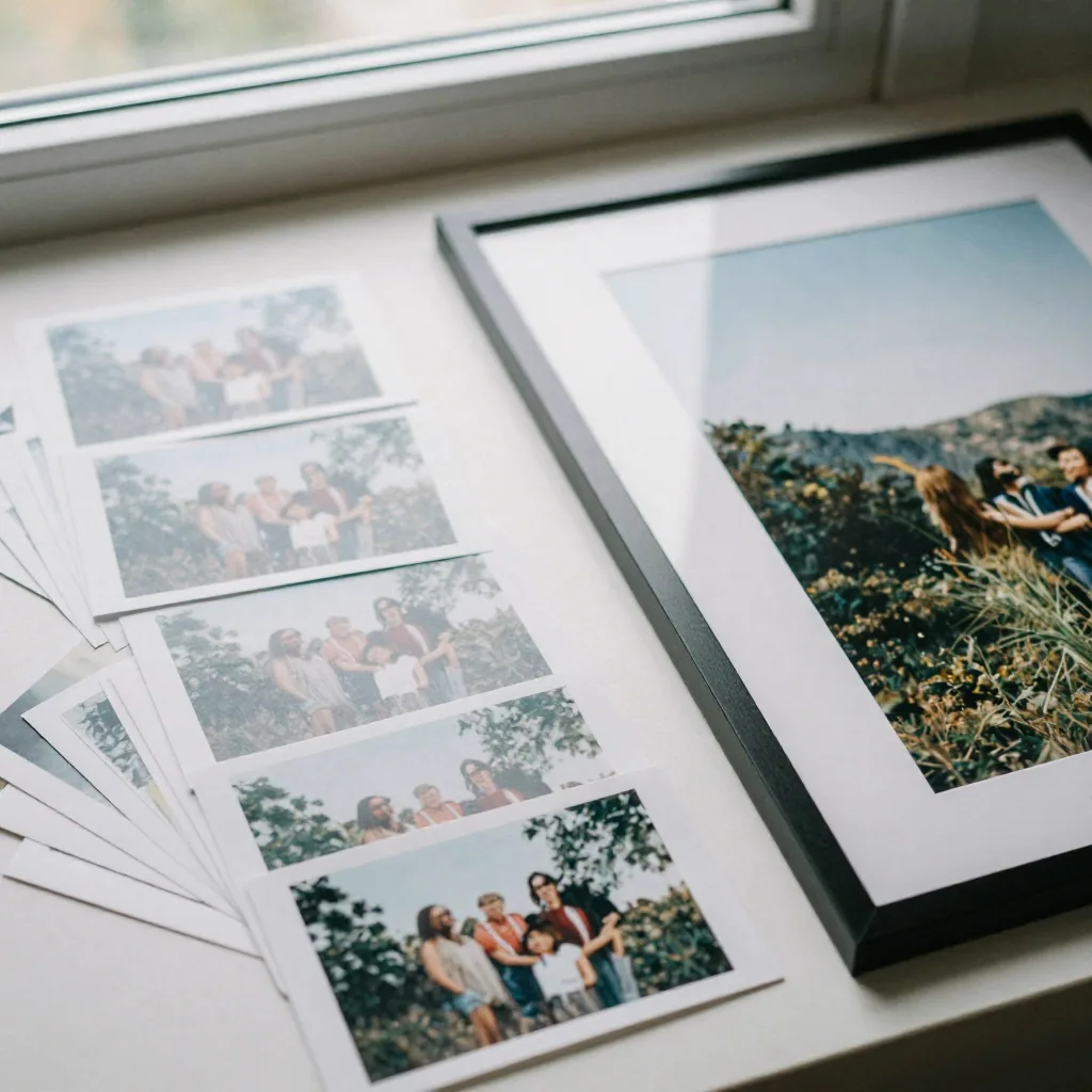 An overhead flat lay of many identical small printed photographs fanned out neatly next to one large framed print, contr