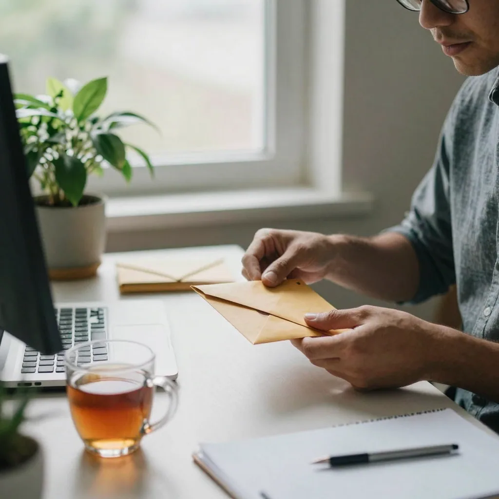 A remote worker at a tidy home office desk licking and sealing an envelope, natural window light, a potted plant and a m