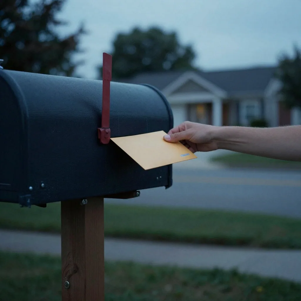 A person by a home mailbox at dusk dropping a slim envelope through the slot, soft blue-hour light, quiet suburban stree