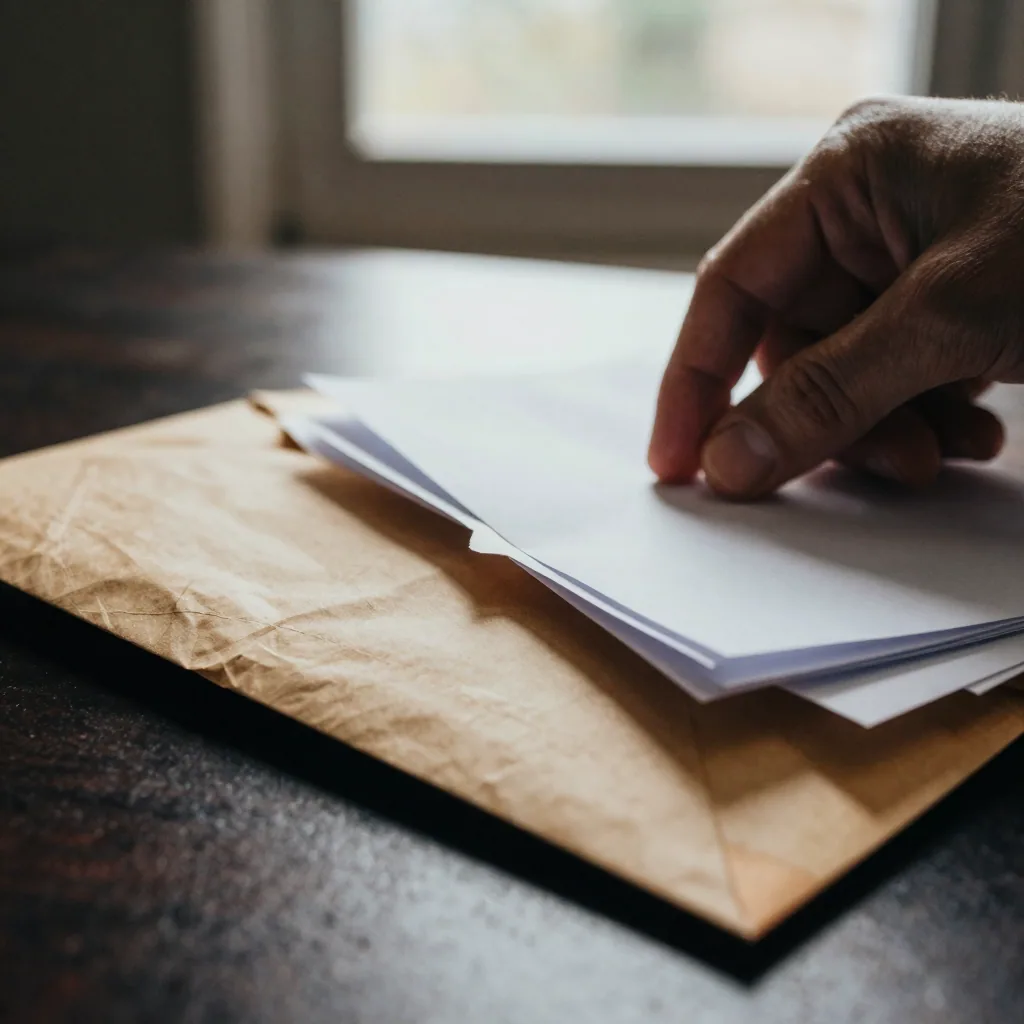 Macro of a hand pressing down on a bulging overstuffed envelope that won't quite seal, papers peeking out, dramatic side