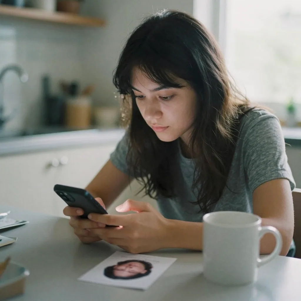 A young woman at a kitchen table holding her smartphone, thumb hovering over the screen face-down, a passport-style whit