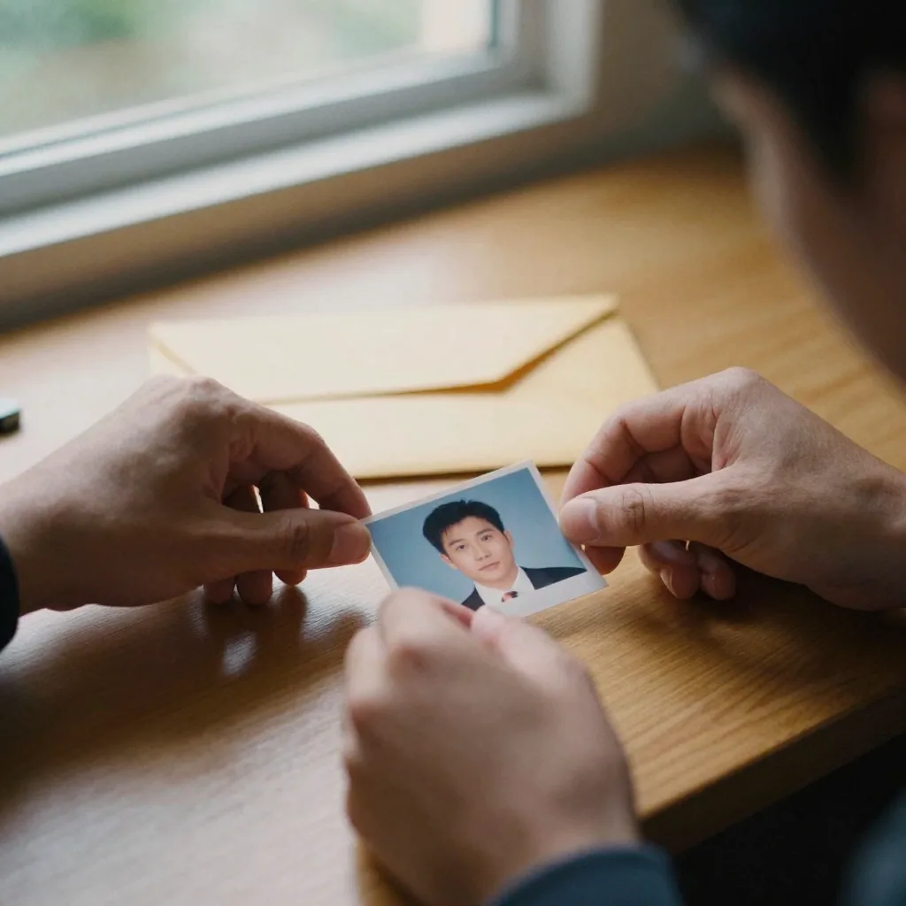 Close-up of a person's hands sliding a small square passport photograph across a wooden desk toward a plain manila envel
