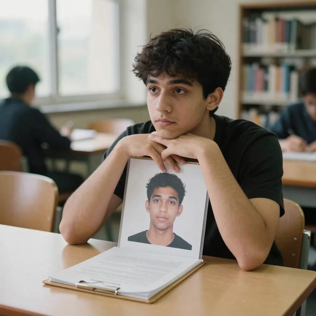 An exam candidate in a quiet library seat, elbows on the table, resting his chin on folded hands, a printed white-backgr