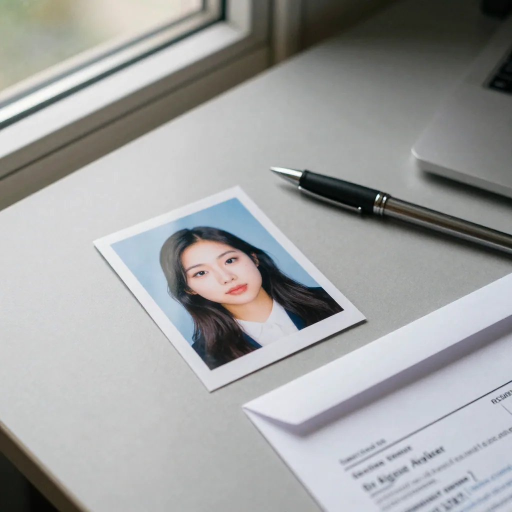 Overhead flat lay of a compact printed portrait photo, a pen, and a folded government form envelope arranged neatly on a