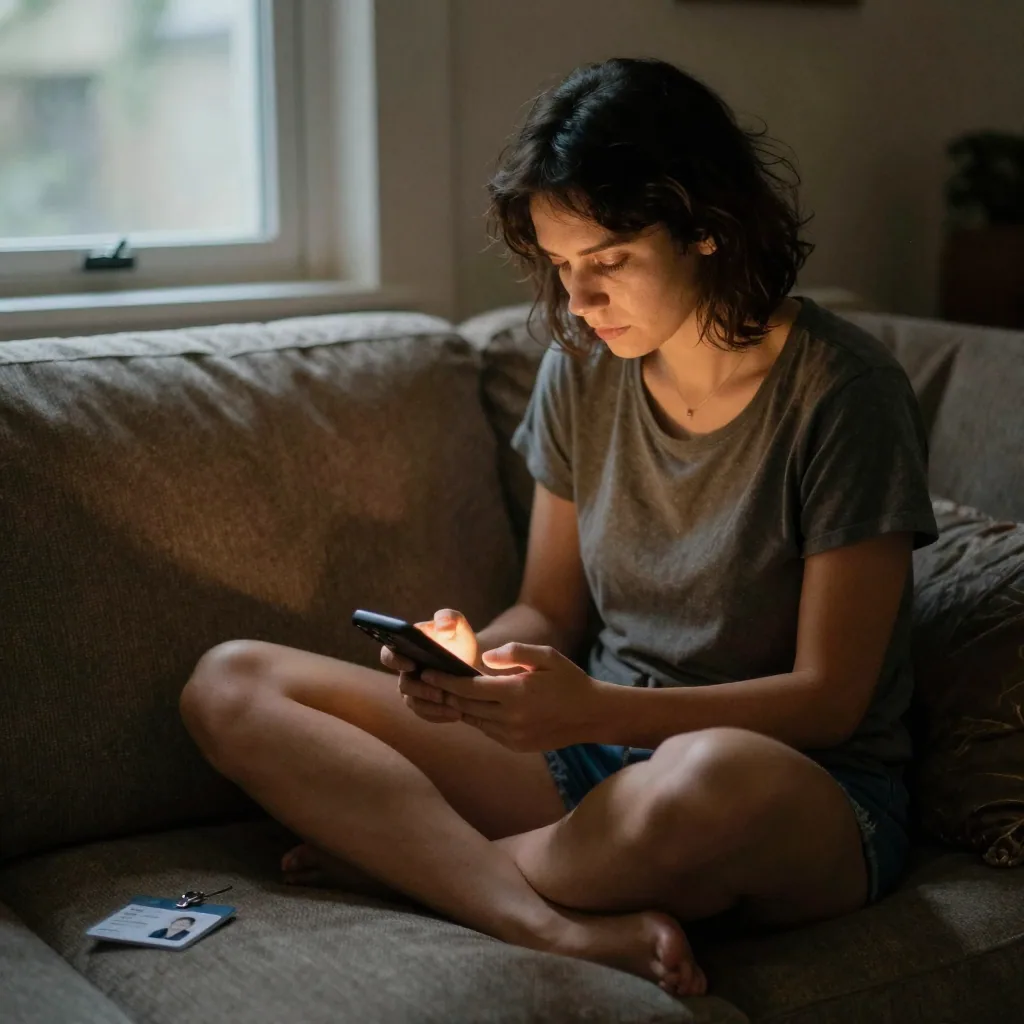 A woman sitting cross-legged on a couch at night, holding her phone face-down in her lap, ambient warm lamp glow, a smal
