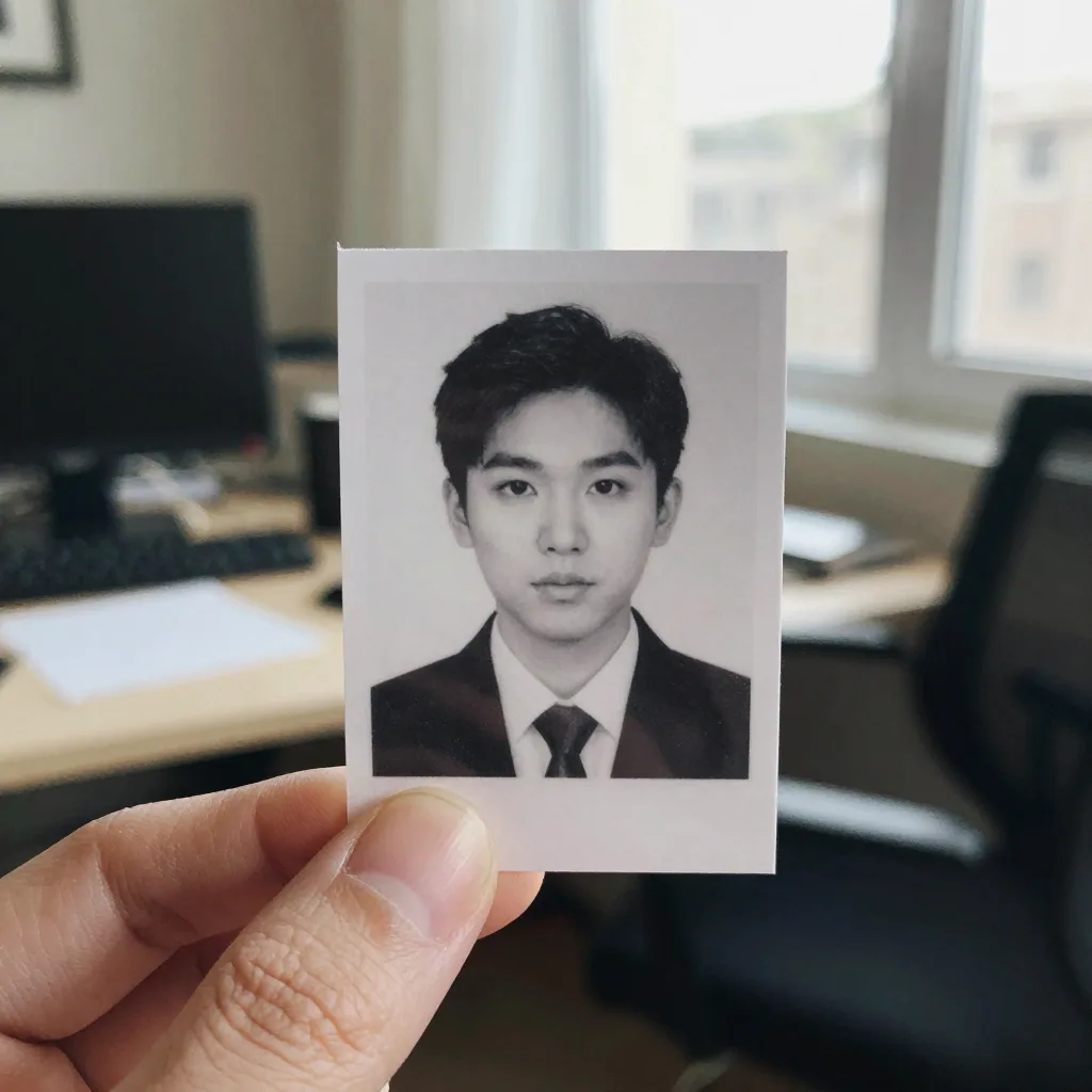 Macro shot of a single glossy passport-size photograph pinched between two fingertips against a soft-focus home office b