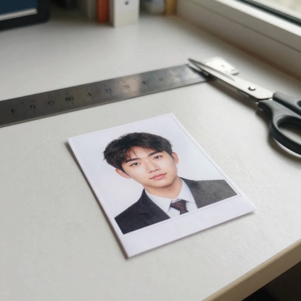 A neatly cut 2x2 inch passport headshot photo lying on a light desk beside a metal ruler and scissors, crisp shadows, br