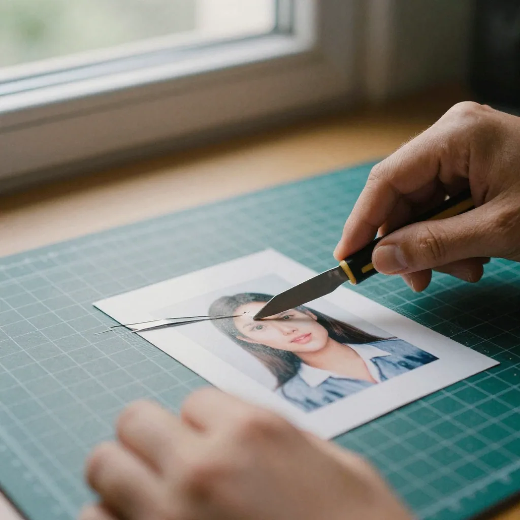 Close-up of hands trimming a printed passport photo along a cutting guide with a small craft knife on a cutting mat, foc