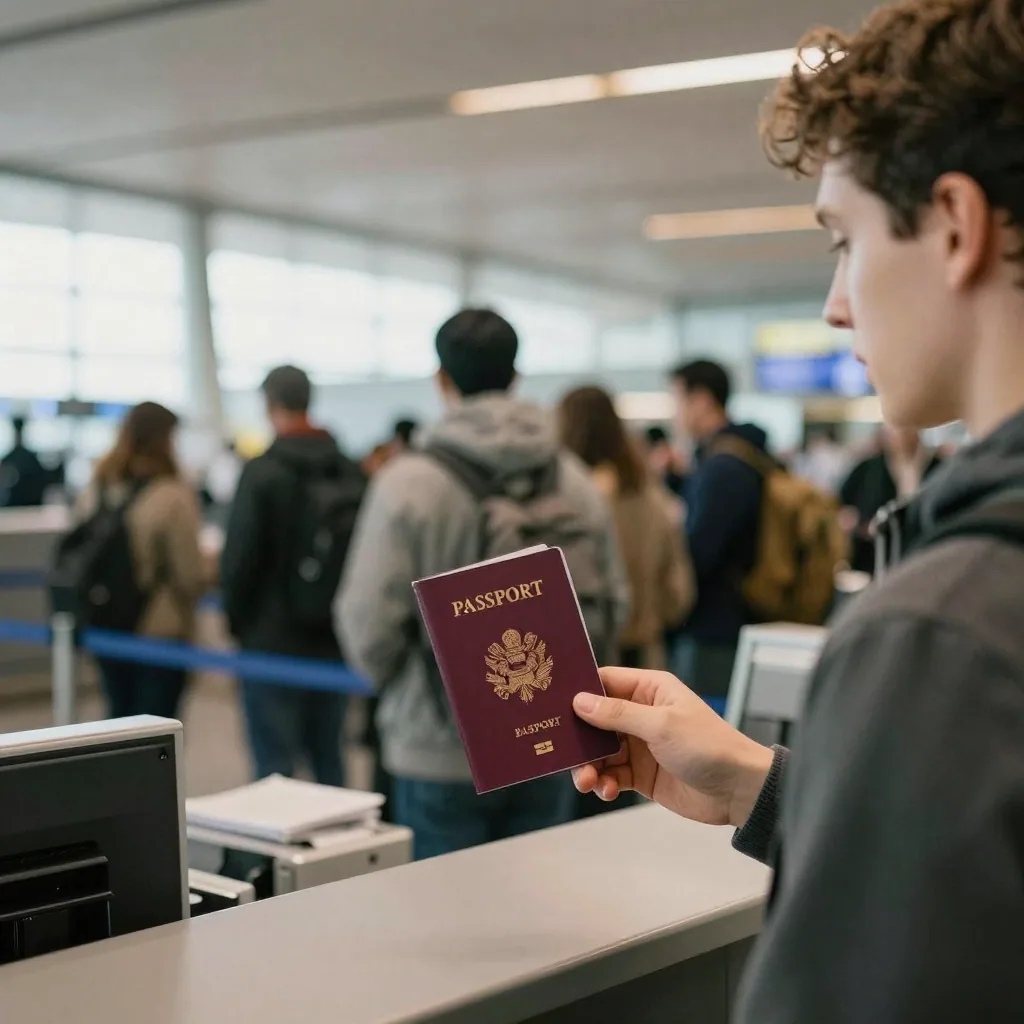 A traveler at an airport check-in counter holding a burgundy passport booklet, blurred queue behind, warm terminal light