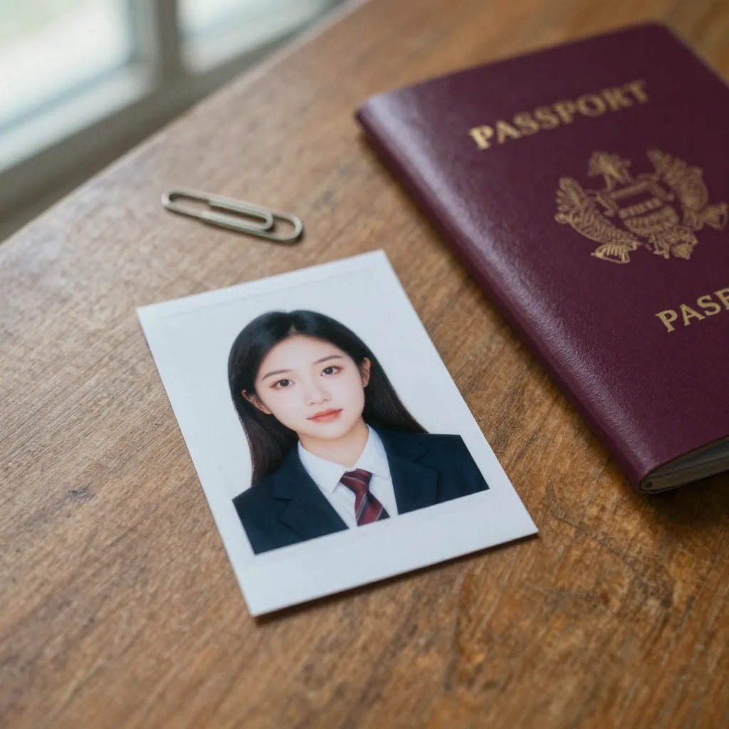 Overhead of a small printed portrait photo, a paper clip, and a burgundy passport arranged on a wooden table, soft morni