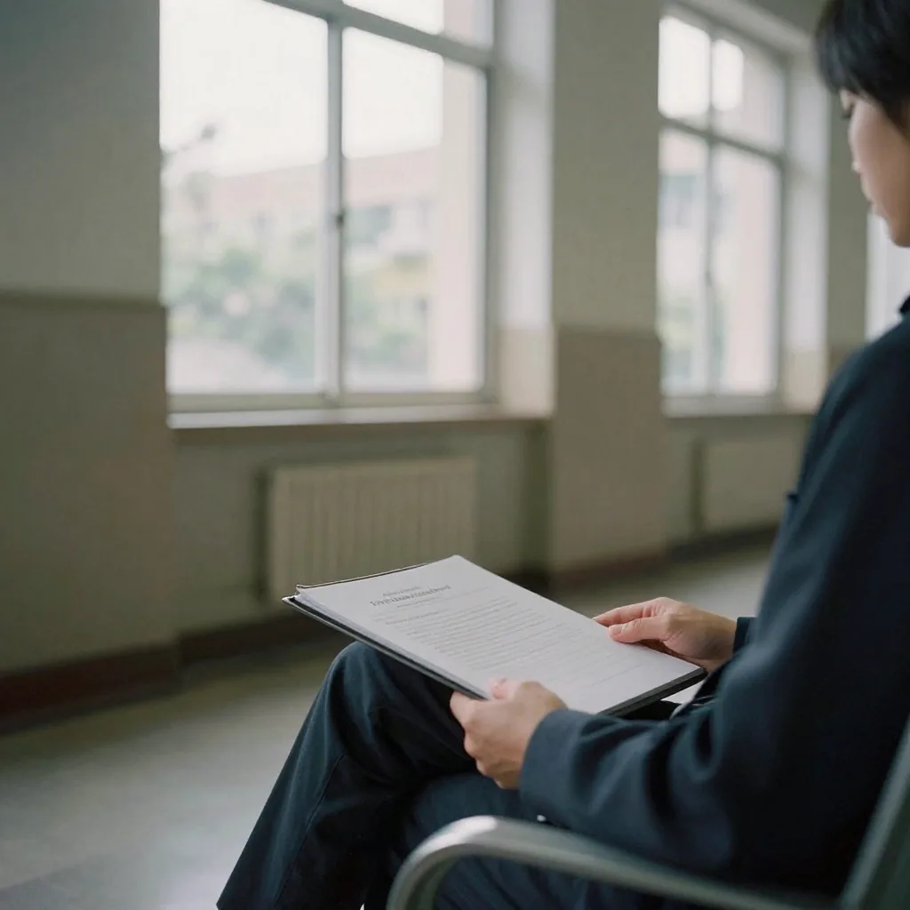 A person at a consulate waiting-room bench holding a slim document folder closed on their lap, midday light through tall