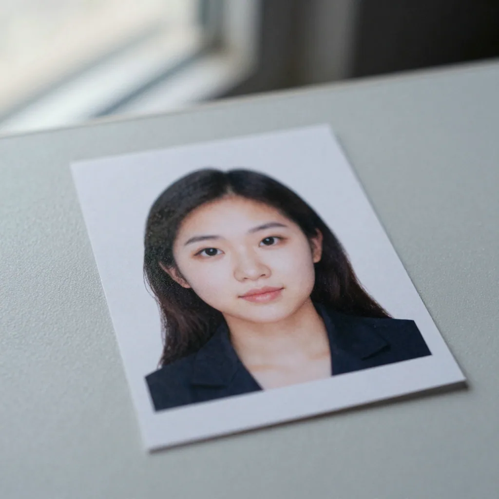 Macro of a single square passport-style headshot print resting on a pale grey surface with a shallow depth of field, coo