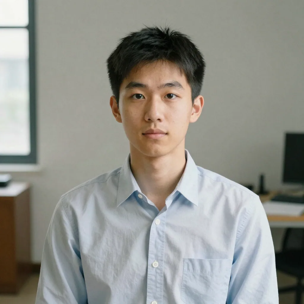 A young job applicant in a neat collared shirt sitting for a plain-background passport-style headshot, evenly lit agains