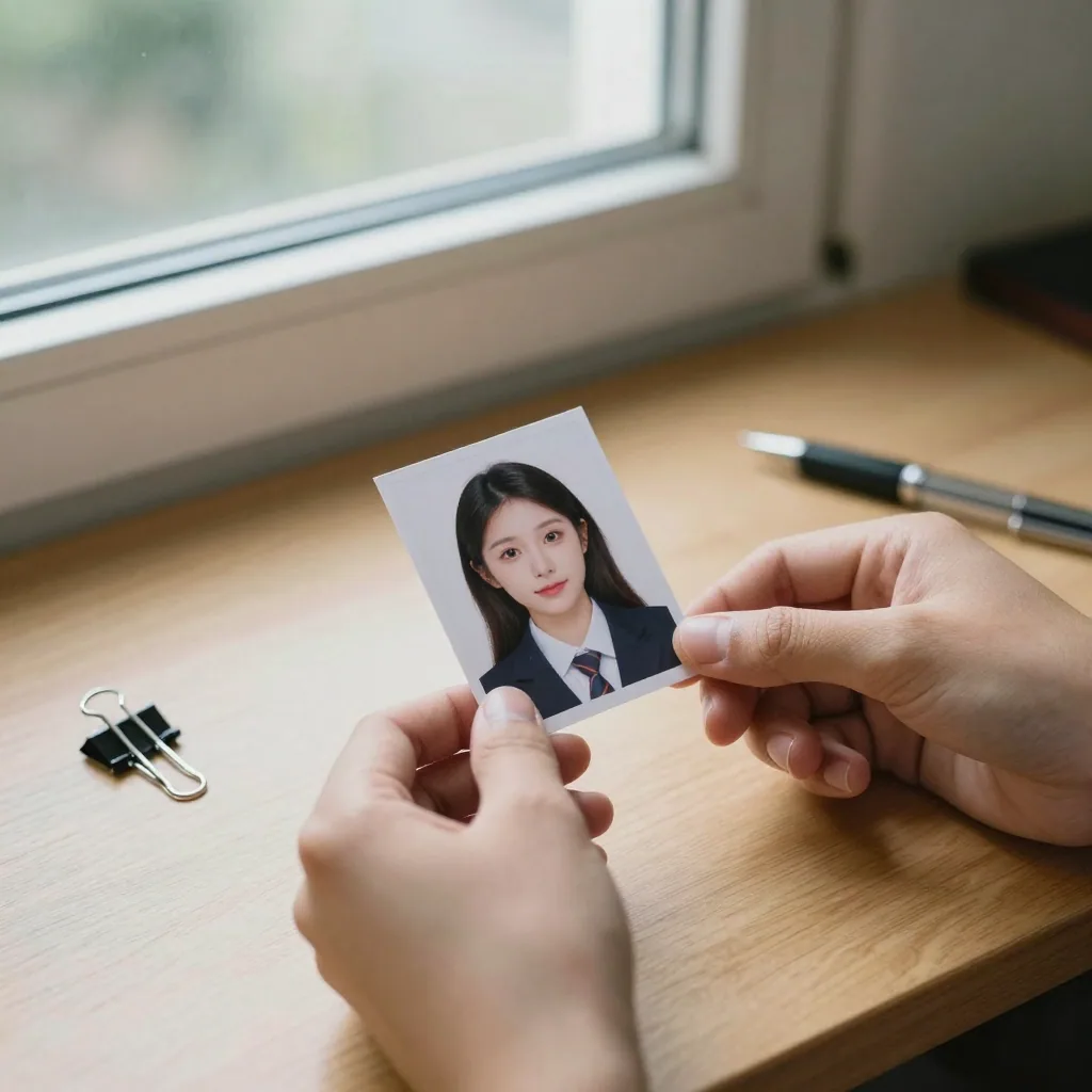 Hands holding a small printed passport photo over a wooden desk beside a paper clip and a pen, soft daylight from a wind