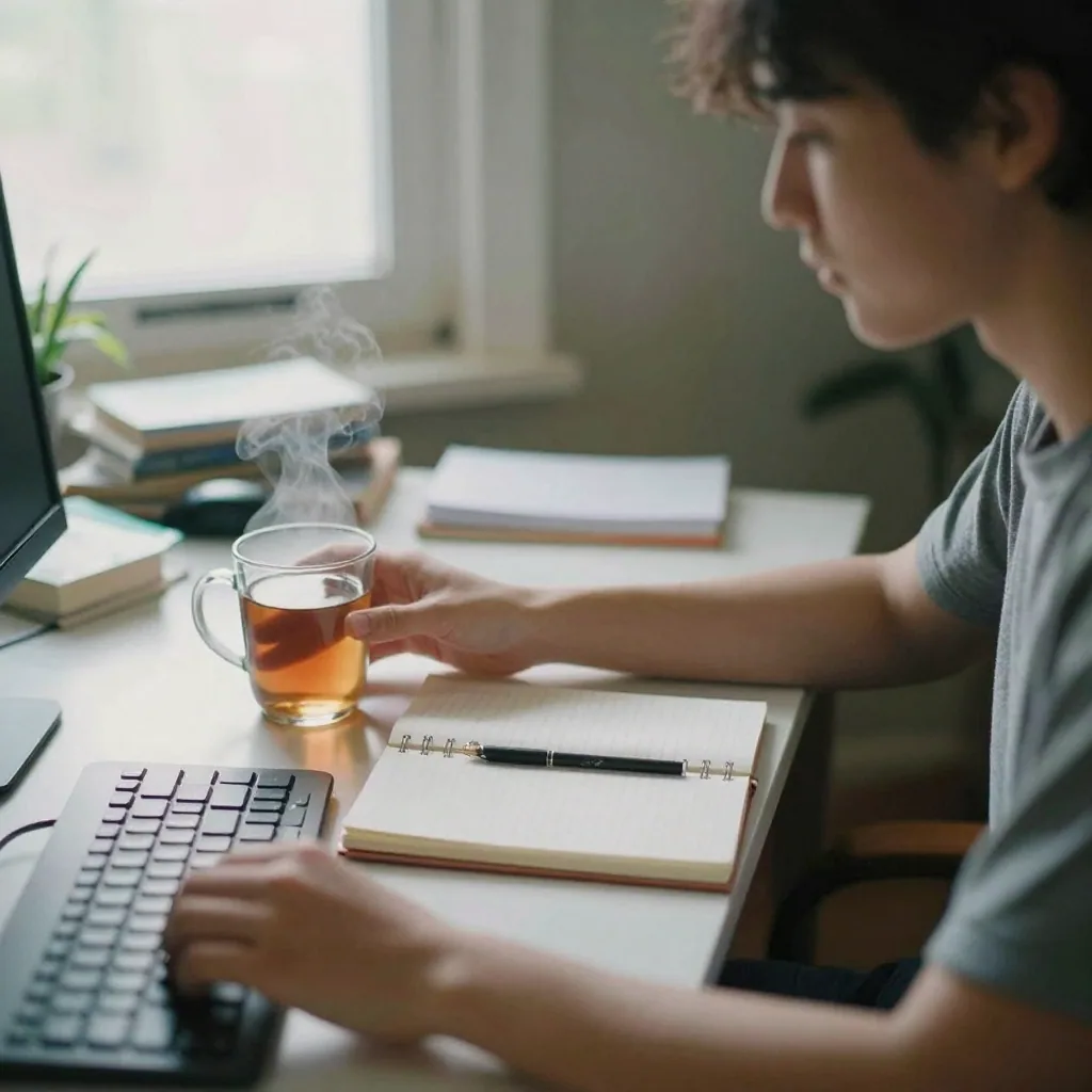 A student at a tidy home desk in the morning, a mug of tea steaming beside a closed notebook, reaching toward an unseen 
