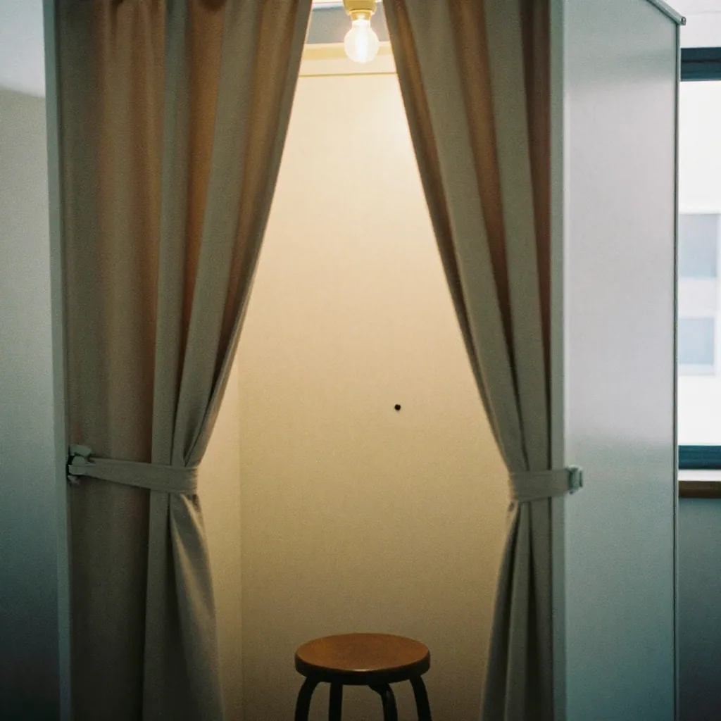 Close-up of a photo-booth curtain pulled back to reveal a stool and a plain white panel behind it, warm bulb glow inside