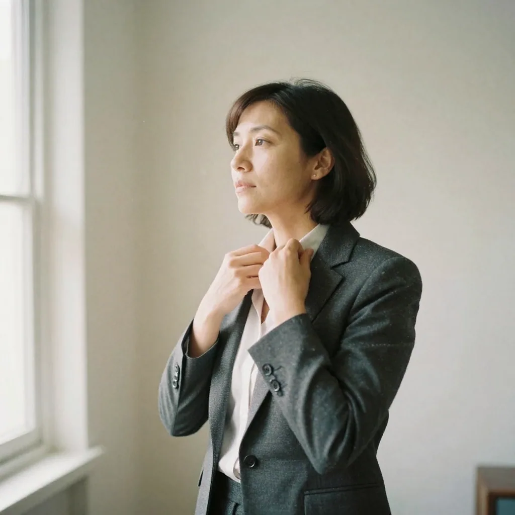 A woman in business attire adjusting her collar in front of a plain wall, ready for an ID photo, flat even studio lighti